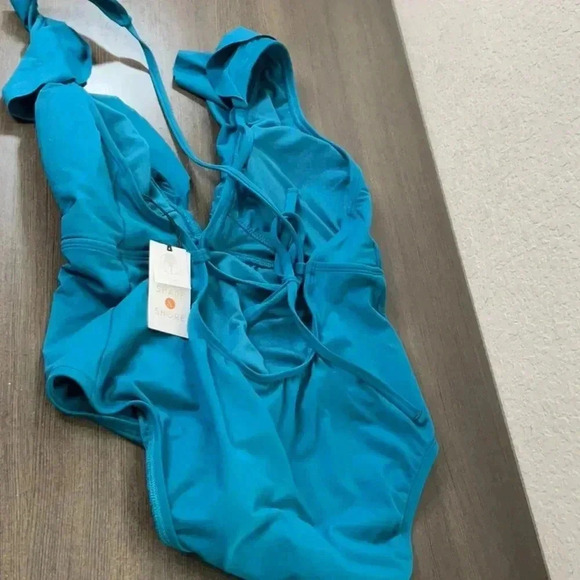 SHADE & SHORE - WOMEN'S ONE-PIECE TEAL CHEEKY SWIMSUIT RUFFLES STRAPS L (12-14) - Picture 10 of 14